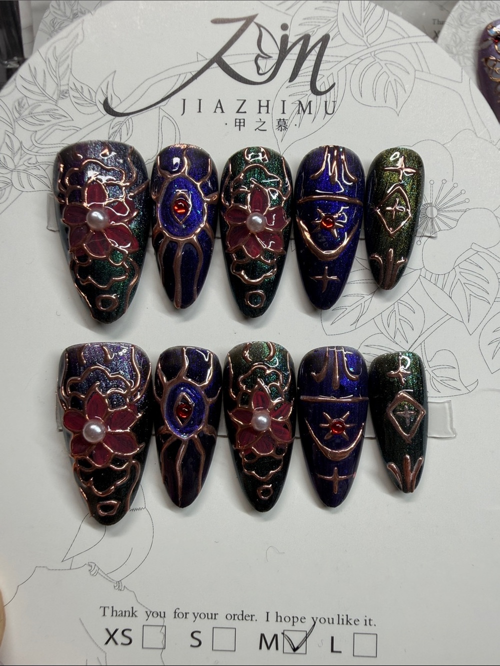Jiazhimu Dark Green & Deep Blue 3D Floral Gel Press-On Nails